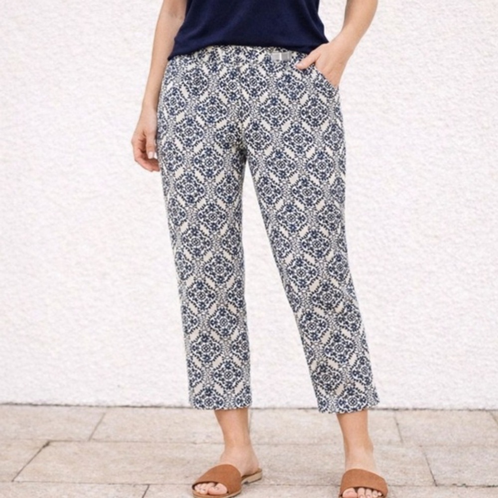 Loft‎ Riviera Pant Cotton Julie Beige Navy Geometric Print Crop Ankle Pants Sz 8